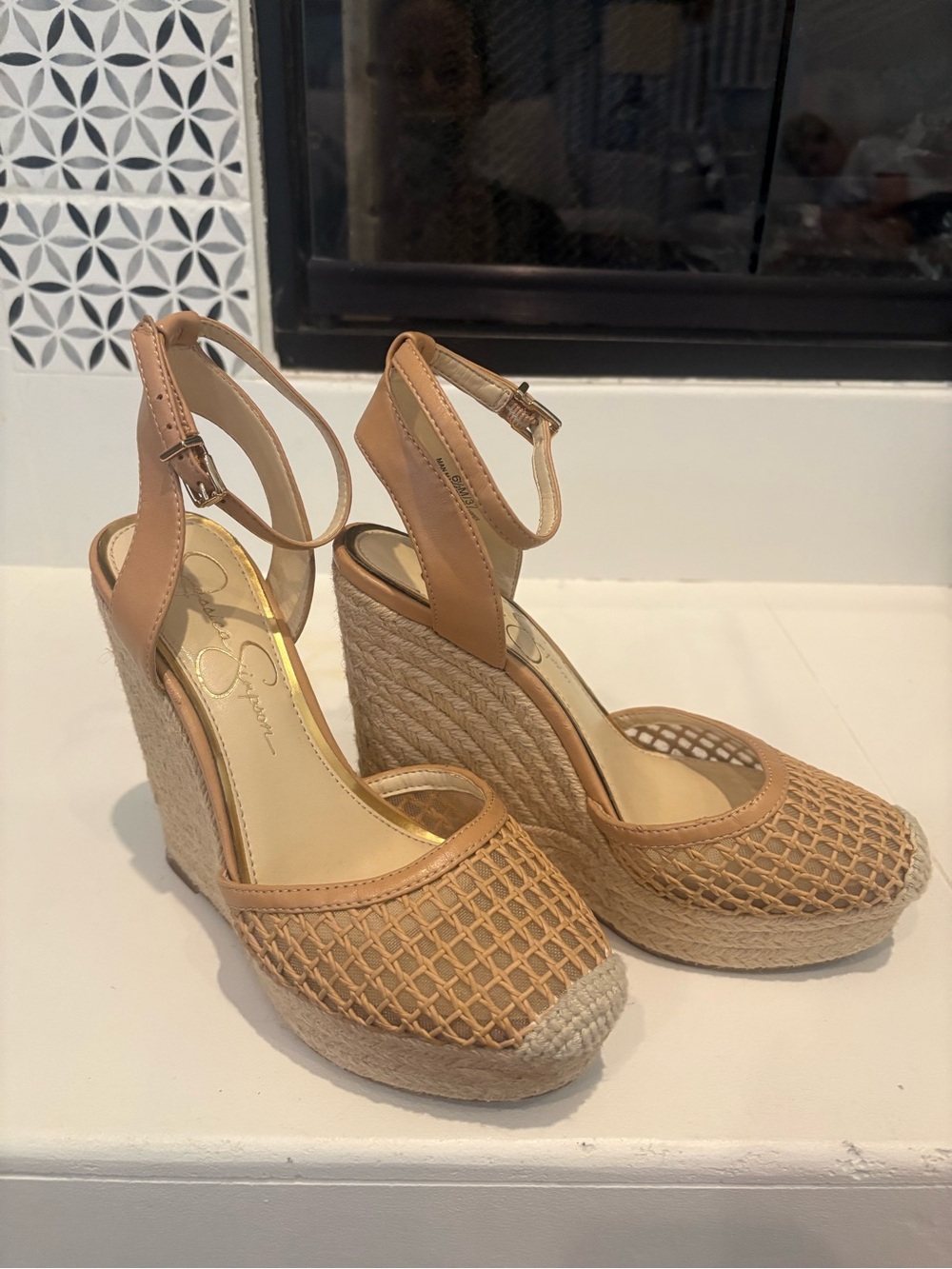 Jessica Simpson Tan Woven Espadrille Wedge Sandals with Ankle Strap